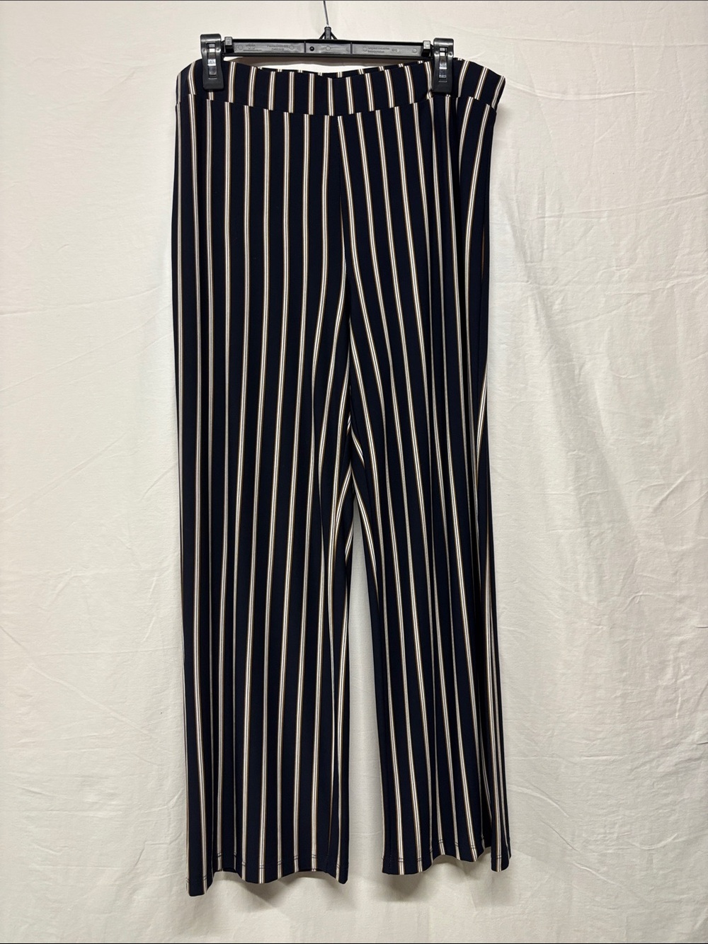Vertical Stripe Wide-Leg Pants - Navy Brown and Cream